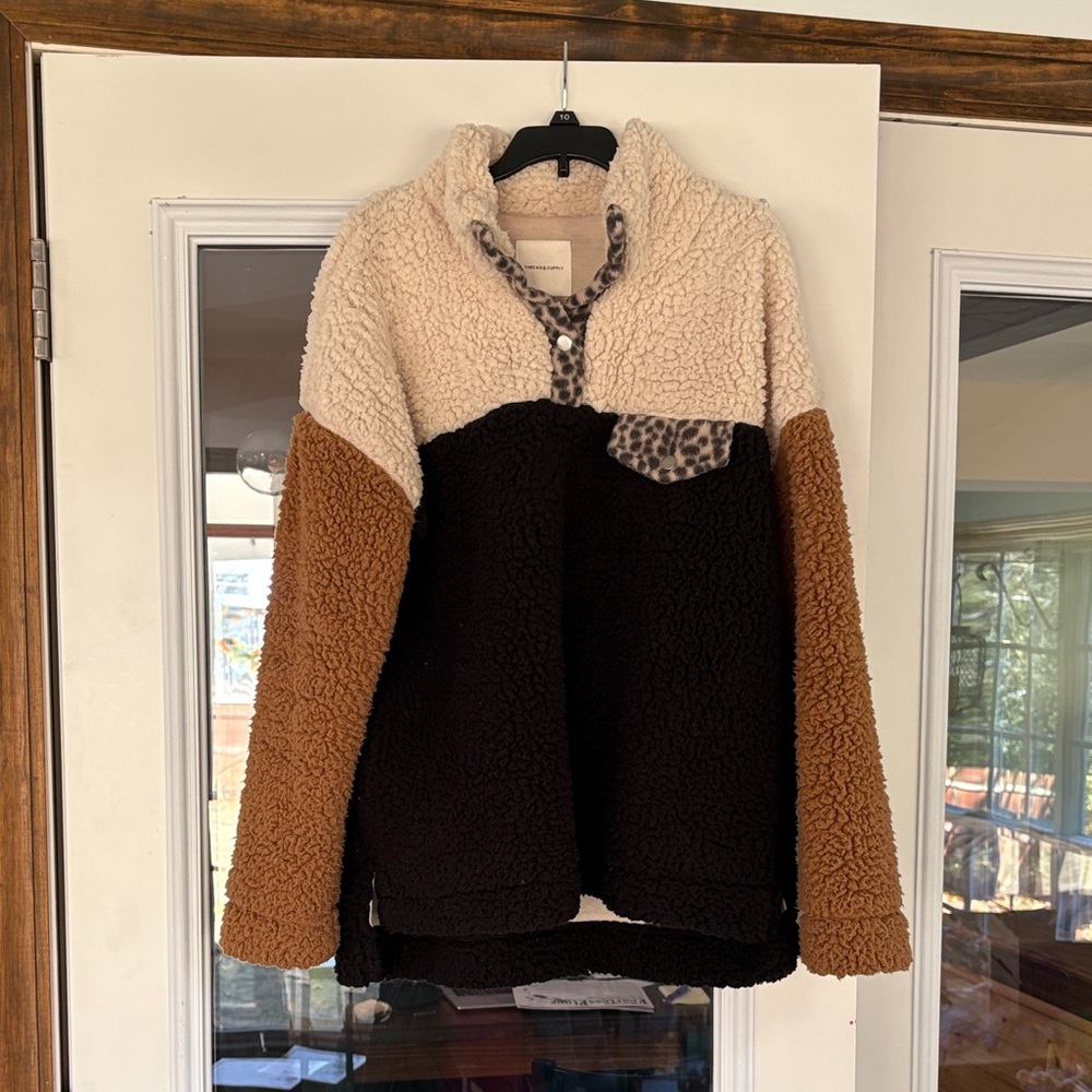 Thread & Supply Cream, Brown, and Black Teddy Jacket size Small